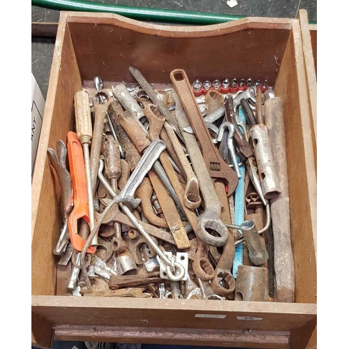 75 - 2 WOODEN DRAWERS, MISC OLD HAND TOOLS