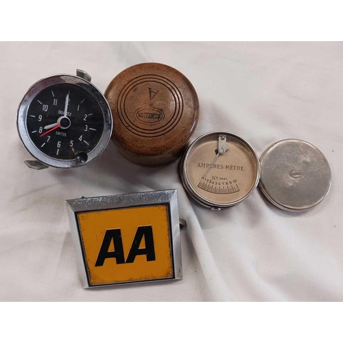 848 - TUB WITH AN AA BADGE, A SMITHS QUARTZ DASHBOARD CLOCK & A FRENCH AMP METER BY NILMELIOR IN WOOD CASE