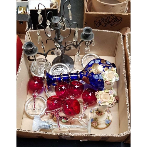 85 - 2 CARTONS OF MIXED GLASSES, CHINA, CANDELABRA & A STAINLESS STEEL COCKTAIL SHAKER