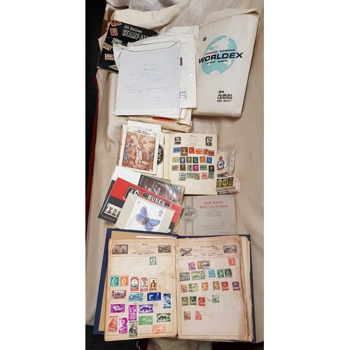 860 - CARTON WITH 2 STAMP ALBUMS WITH VARIOUS WORLD STAMPS, QTY OF LOOSE WORLD STAMPS, TELEPHONE CARDS & V... 