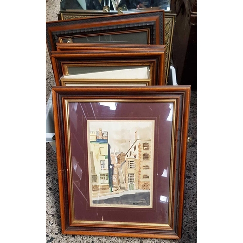 87 - CARTON OF MISC FRAMED PICTURES, A MIRROR & A WATERCOLOUR BY WIDGERY OF 'THE QUAY'