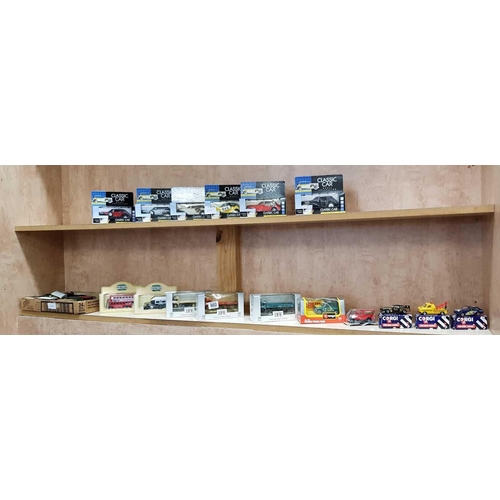 902 - 2 SHELVES OF BOXED MODEL CARS & A CARTON OF LOOSE CARS Y EFE PRO MOTORS & CORGI