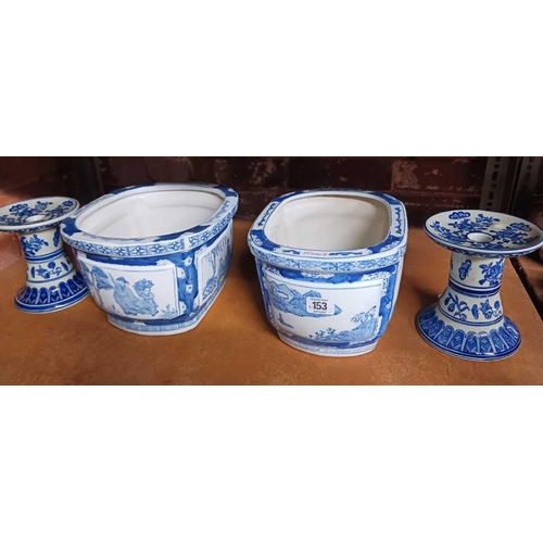 153 - 2 BLUE & WHITE FLOWER POTS & 2 CANDLE HOLDERS