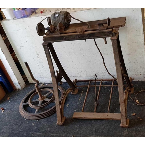 3 - INCOMPLETE VINTAGE RELIC CAST IRON WOOD TURNERS LATHE WITH ELECTRIC MOTOR & DRIVE PULLEY BY G BUCK, ... 