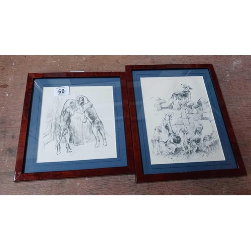 60 - GILT FRAME WITH HUNTING PRINTS, 2 PENCIL DRAWINGS OF FOX HOUNDS & 1 OTHER & A FRAMED HOBSONS FOX HUN... 