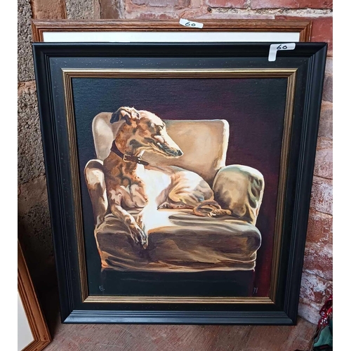 60 - GILT FRAME WITH HUNTING PRINTS, 2 PENCIL DRAWINGS OF FOX HOUNDS & 1 OTHER & A FRAMED HOBSONS FOX HUN... 