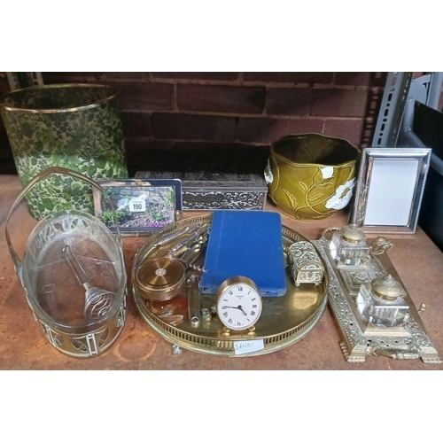 190 - SHELF WITH MISC BRASS WARE INCL; AN INK STAND, TRAYS, VASE & A PAPER BASKET