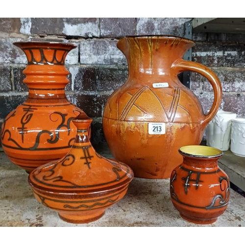 213 - LARGE WESUMA JUG BY W LEMON & SONS, WESTON-SUPER-MARE & 3 POTS BY FLORA HOLLAND