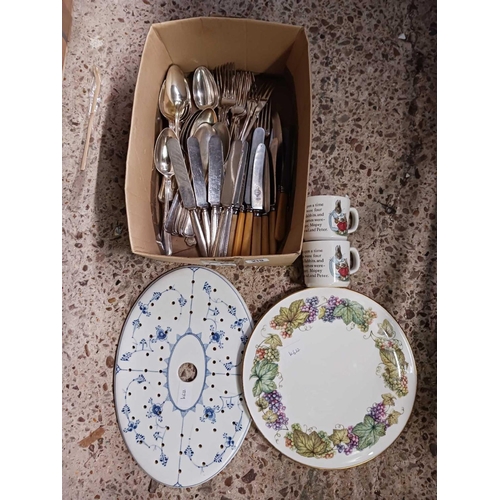 219 - 2 CARTONS WITH MISC SHERRY & TOT GLASSES, CHINA PLATES & MUGS & MISC CUTLERY