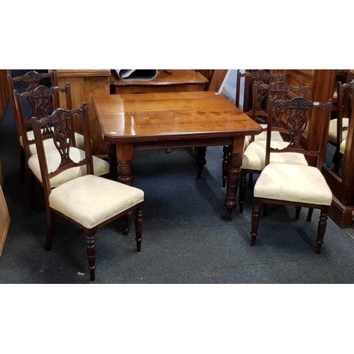 263 - MAHOGANY EXTENDING DINING TABLE WITH EXTRA LEAF & WINDER WITH 6 CARVED DINING CHAIRS