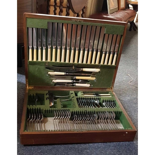 321 - MAHOGANY CASED CUTLERY BOX & CUTLERY