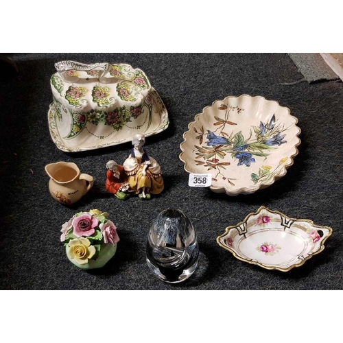 358 - SHELF OF CHINAWARE INCL; CHEESE DISH & COVER, CHINA FIGURE, PAPERWEIGHT ETC