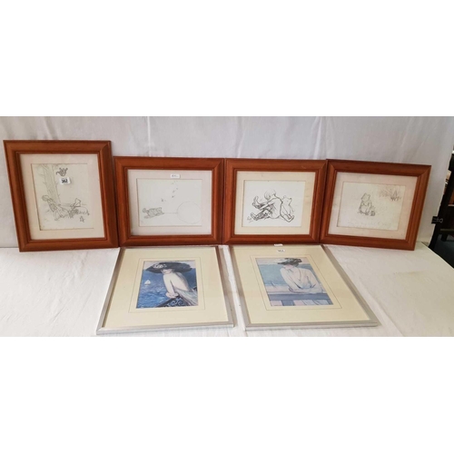 362 - 4 F/G PRINTS OF WINNIE THE POOH & 2 OTHER PRINTS OF WOMEN