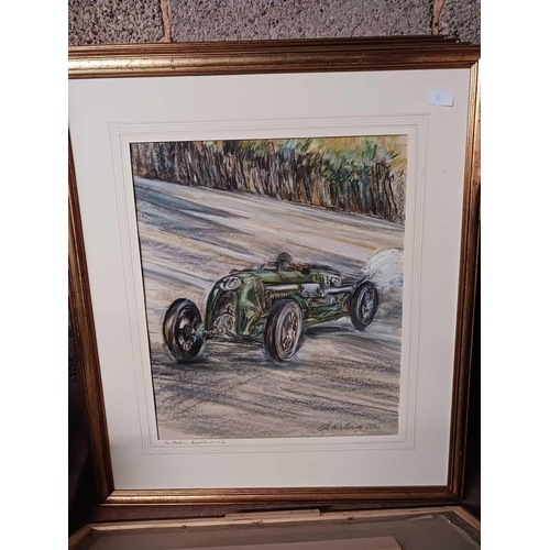 77 - 6 FRAMED CAR RACING CRAYON DRAWINGS BY GEORGE WILLIAMS