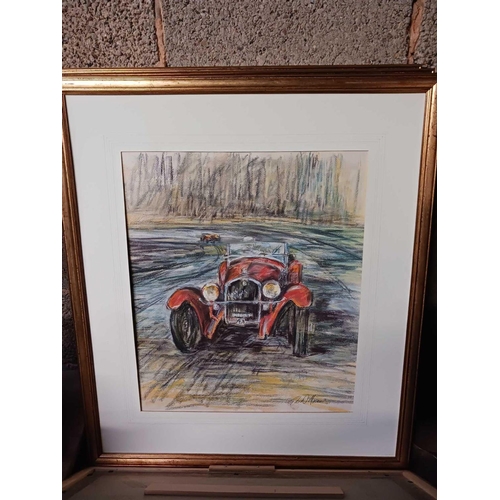 77 - 6 FRAMED CAR RACING CRAYON DRAWINGS BY GEORGE WILLIAMS