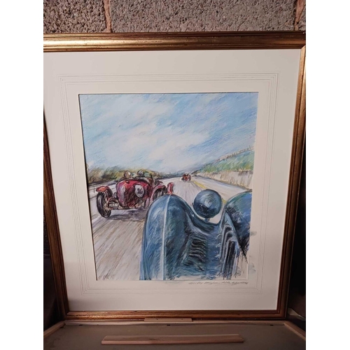 77 - 6 FRAMED CAR RACING CRAYON DRAWINGS BY GEORGE WILLIAMS