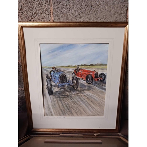 77 - 6 FRAMED CAR RACING CRAYON DRAWINGS BY GEORGE WILLIAMS