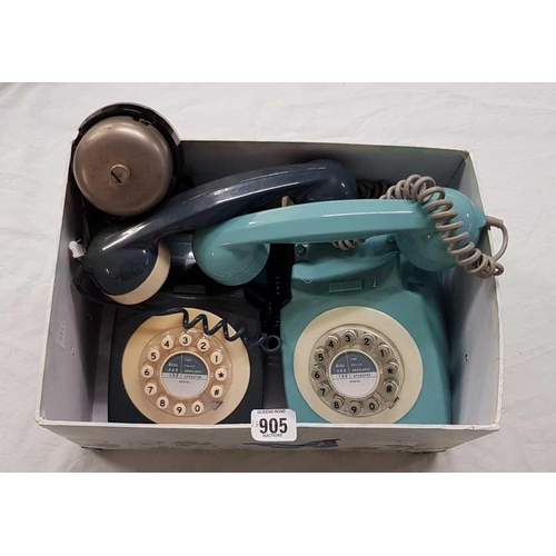 905 - CARTON WITH 2 COPY VINTAGE TELEPHONES & A BELL