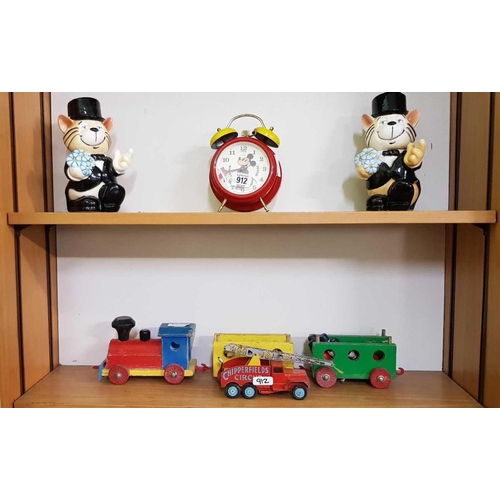 912 - 2 CHINA BEAR NOVELTY JUGS, MICKEY MOUSE ALARM CLOCK, WOODEN TRAIN SET & A CHIPPERFIELD CIRCUS LORRY