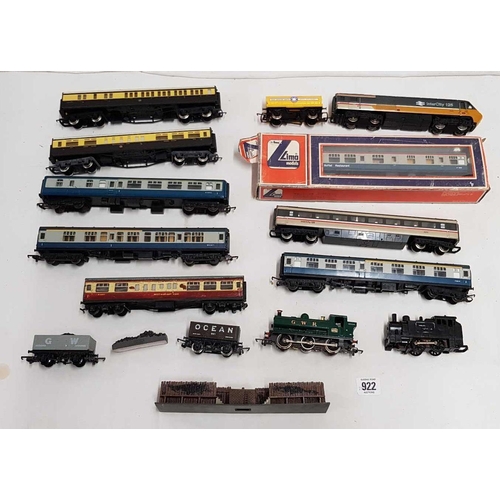 922 - BOX WITH QTY OF 'OO' GAUGE ROLLING STOCK, A GWR TANK ENGINE & A LIMA BUFFET RESTAURANT CAR