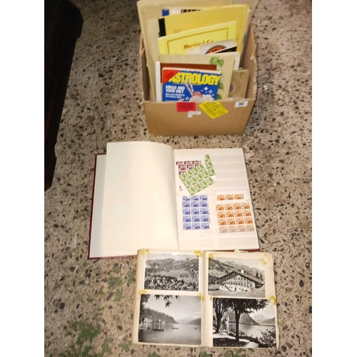 99 - CARTON WITH MISC EPHEMERA, A PARTLY FILLED ALBUM OF BRITISH STAMPS, A POSTCARD ALBUM & A QTY OF OLD ... 