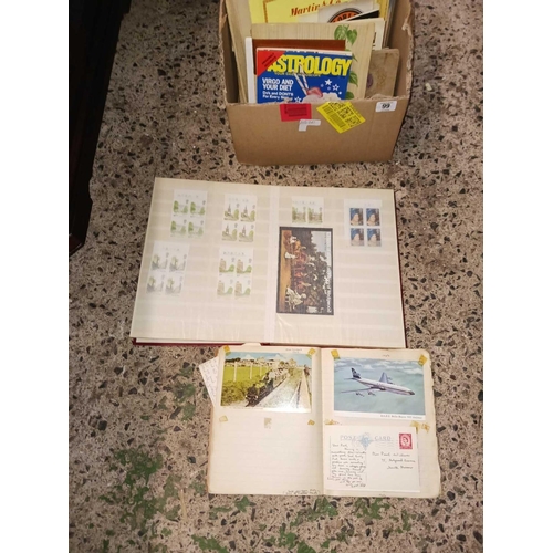 99 - CARTON WITH MISC EPHEMERA, A PARTLY FILLED ALBUM OF BRITISH STAMPS, A POSTCARD ALBUM & A QTY OF OLD ... 