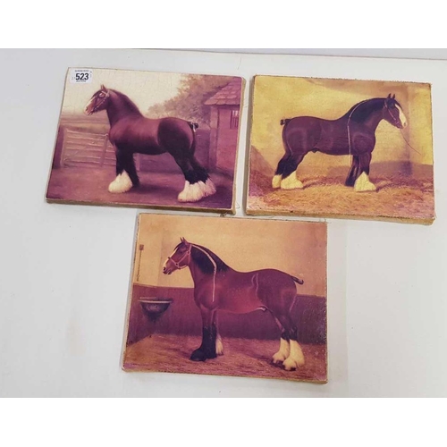 523 - THREE PORTRAITS OF HEAVY HORSES, PRINTS LAID DOWN ON CANVAS,  [3] 8 X 10''