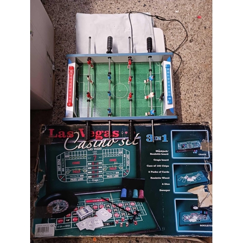 62 - SMALL TABLE TOP FOOTBALL GAME, POKER TABLE & BOARD, NOT KNOWN IF COMPLETE & A DANCE MAT