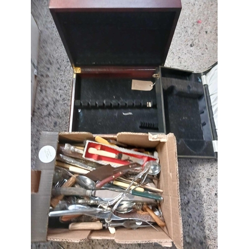 65 - 2 EMPTY CUTLERY BOXES & A CARTON OF MISC CUTLERY, CARVING KNIVES, FORKS ETC