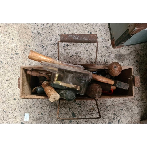 104 - WOODEN AMMUNITION BOX WITH MISC HAND TOOLS