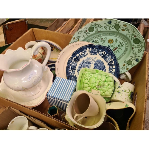 114 - 2 CARTONS OF MISC CHINAWARE, CHAMBER POTS, PLATES, WATER JUG SET & OTHER CHINA