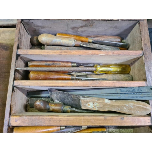 115 - WOODEN SECTION BOX WITH QTY OF CHISELS, PLANE, HAMMERS, SCREWDRIVERS