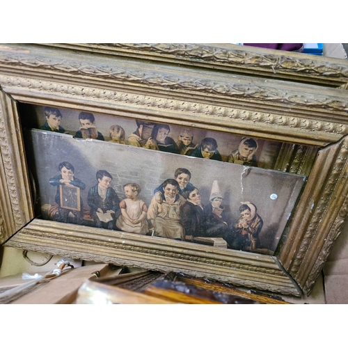 149 - CARTON WITH MISC GILT PICTURE FRAMES WITH ASSOCIATED PICTURES & A PLASTER CAST OF A MOTHER & CHILD