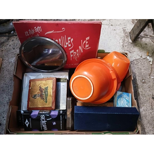 22 - CARTON WITH A SET OF SCALES, EMPTY BOXES, TINS & A FOLDER OF FRENCH PRINTS