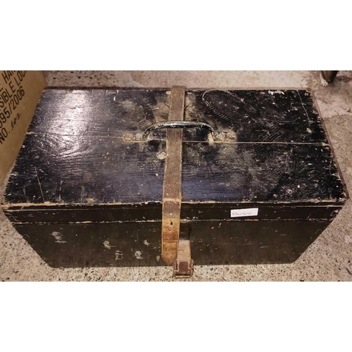 23 - BLACK PAINTED WOODEN TOOL BOX WITH CONTENTS, SPANNERS ETC