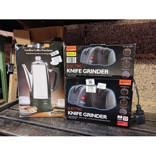 26 - CORDLESS COFFEE PERCOLATOR & AN ELECTRIC KNIFE GRINDER