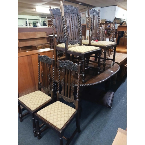 309 - OAK EXTENDING DINING TABLE IN BARLEY TWIST LEGS WITH 2 EXTRA LEAVES WITH MATCHING 6 CARVED BARLEY TW... 