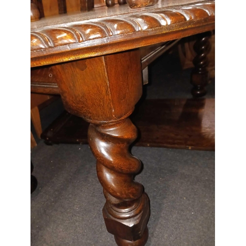 309 - OAK EXTENDING DINING TABLE IN BARLEY TWIST LEGS WITH 2 EXTRA LEAVES WITH MATCHING 6 CARVED BARLEY TW... 