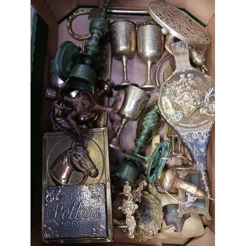 37 - CARTON WITH MISC BRASS WARE INCL; GOBLETS, LETTER HOLDER, ASHTRAYS ETC