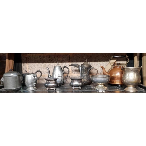 49 - SHELF WITH VINTAGE COPPER ELECTRIC KETTLE, PEWTER & PLATEDWARE