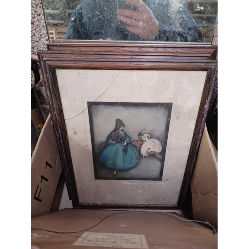 65 - CARTON WITH VICTORIAN COLOURED PRINTS, SOME WITH CRACKED GLASS & A MIRROR