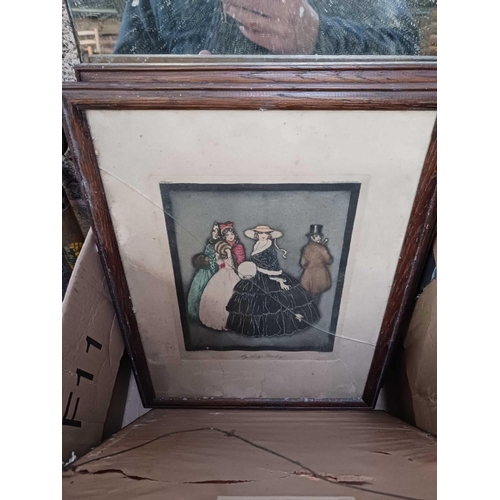 65 - CARTON WITH VICTORIAN COLOURED PRINTS, SOME WITH CRACKED GLASS & A MIRROR