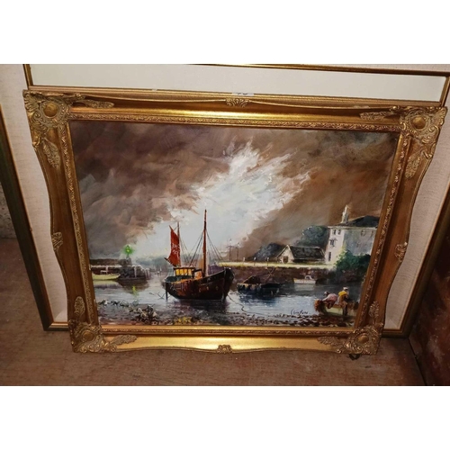 70 - 3 GILT FRAMED OIL ON BOARD PICTURES & A MIRROR