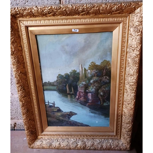 70 - 3 GILT FRAMED OIL ON BOARD PICTURES & A MIRROR