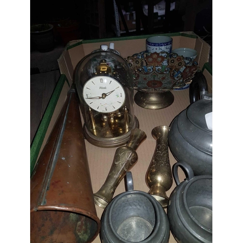 109 - 2 CARTONS OF MISC PLATED & PEWTER, CHINAWARE, PART COPPER WARNING HORN & OTHER BRIC-A-BRAC