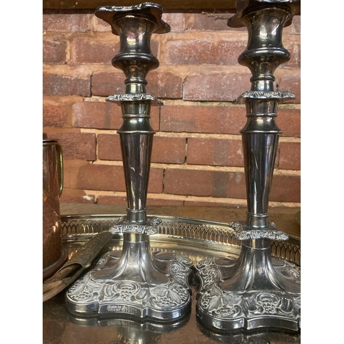 163 - NICKEL GALLERY TRAY WITH MISC PLATEDWARE & A HAMMERED COPPER POT WITH LID & RUSTY SCISSORS