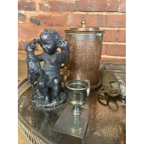 163 - NICKEL GALLERY TRAY WITH MISC PLATEDWARE & A HAMMERED COPPER POT WITH LID & RUSTY SCISSORS