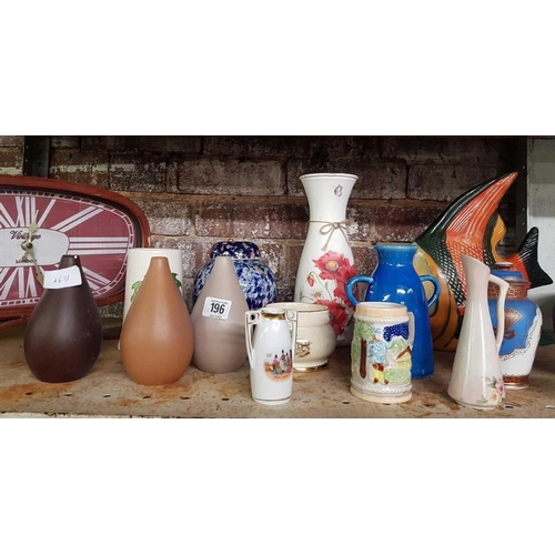 196 - SHELF OF MISC JUGS & VASES & A CLOCK BY VINTAGE OF LONDON