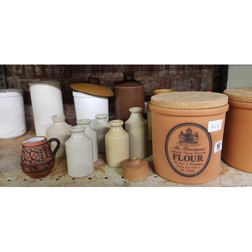 197 - SHELF OF STONEWARE BOTTLES & CONTAINERS & TERRACOTTA POTS