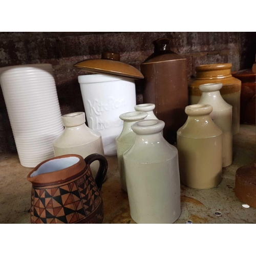 197 - SHELF OF STONEWARE BOTTLES & CONTAINERS & TERRACOTTA POTS